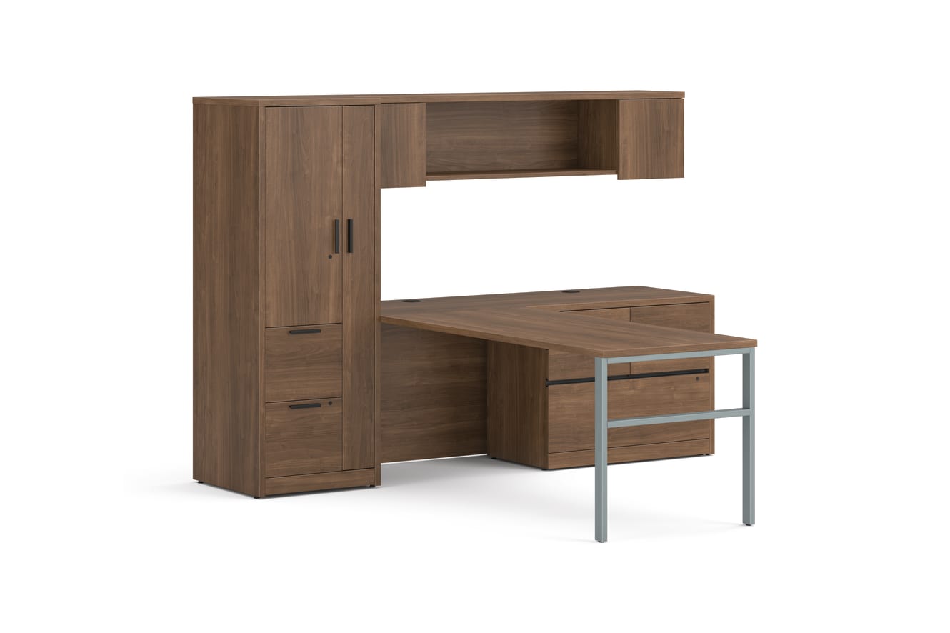 10500 Series Extended Storage L Desk in  Pinnacle Laminate with Black Pulls and Textured Silver H-Leg support.