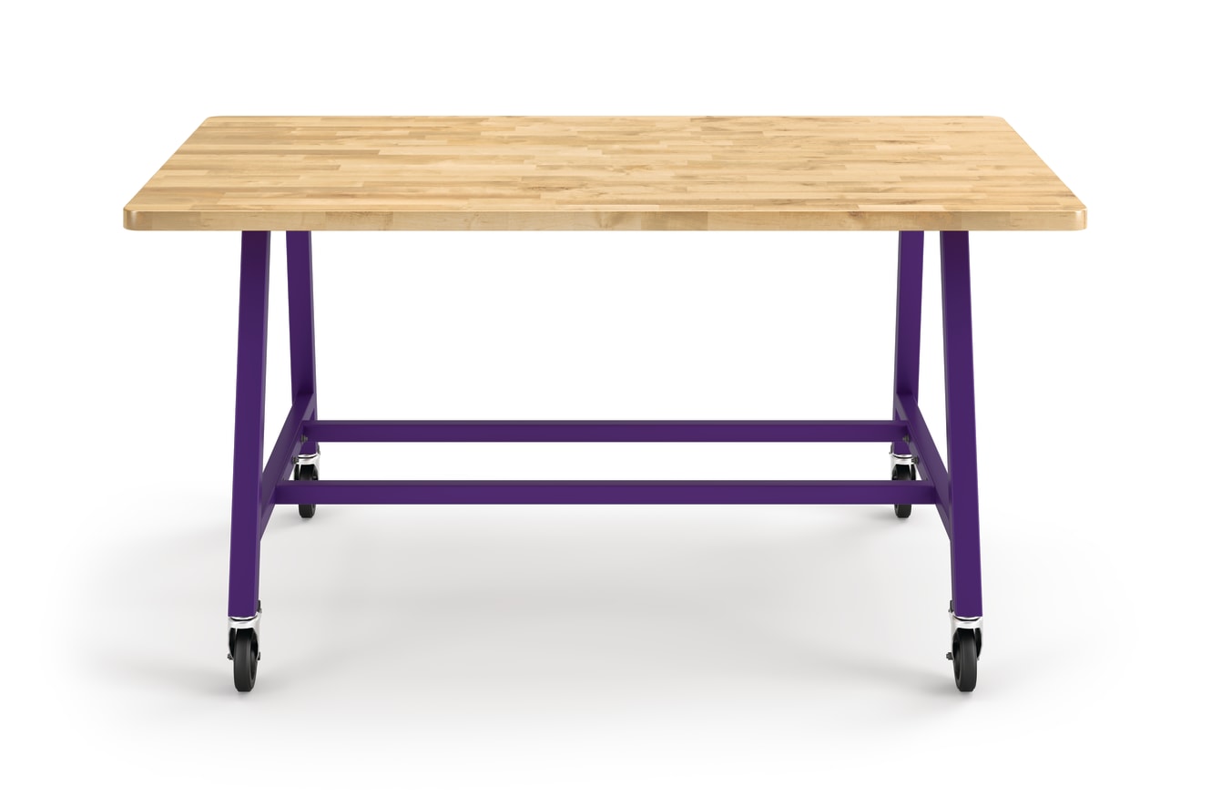 Front View of Butcher Block Counter-Height Build Table with Purple Legs