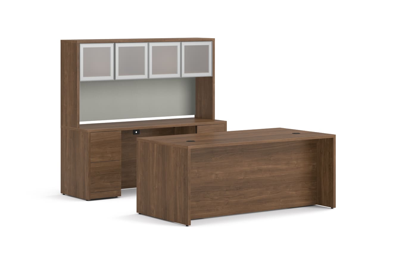 10500 Series Desk/Credenza/Stack-on-storage with frosted doors in  Pinnacle Laminate.