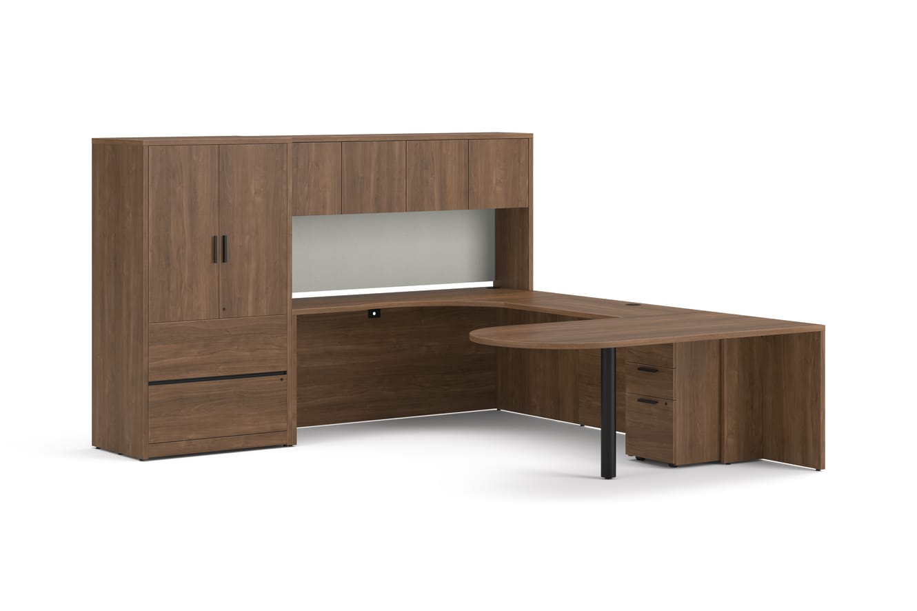 10500 Series Peninsula U Desk in  Pinnacle Laminate with Black Post Leg.