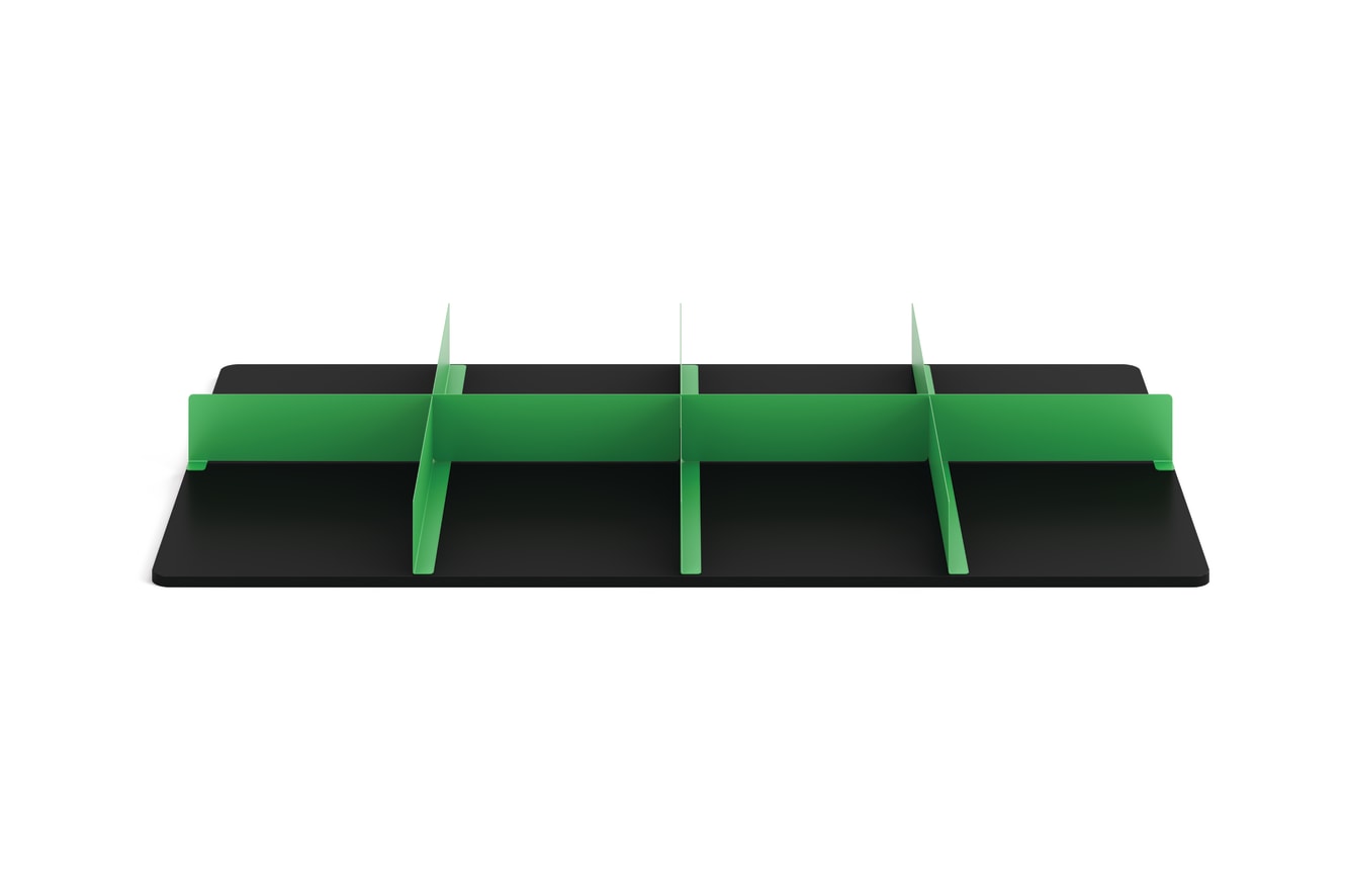 Front View of Black Makerspace Table Shelf with Green Shelf Dividers