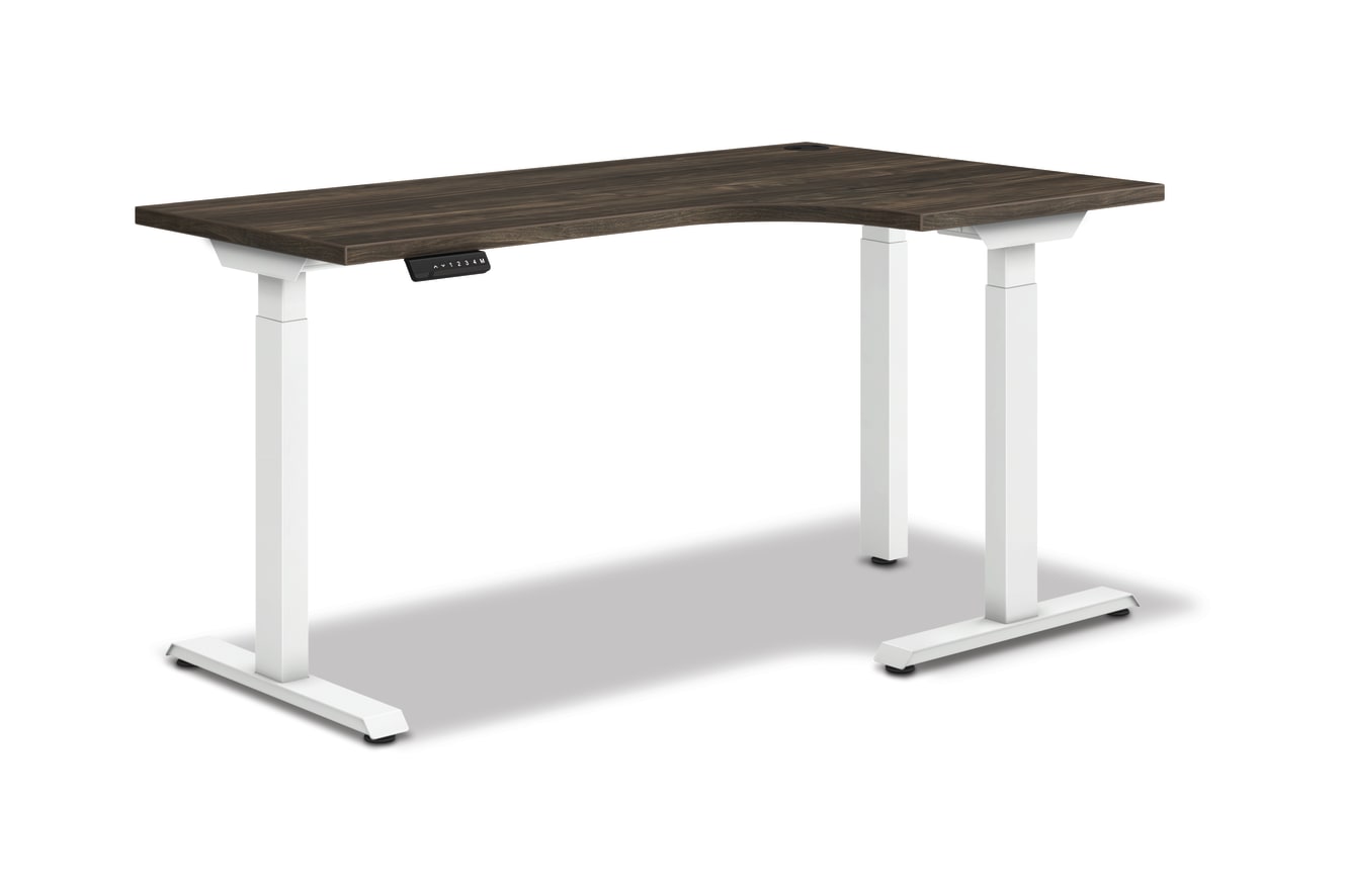 HON Coordinate height-adjustable 3-leg/2-stage, T-Foot table base in Designer White finish with Florence Walnut top.