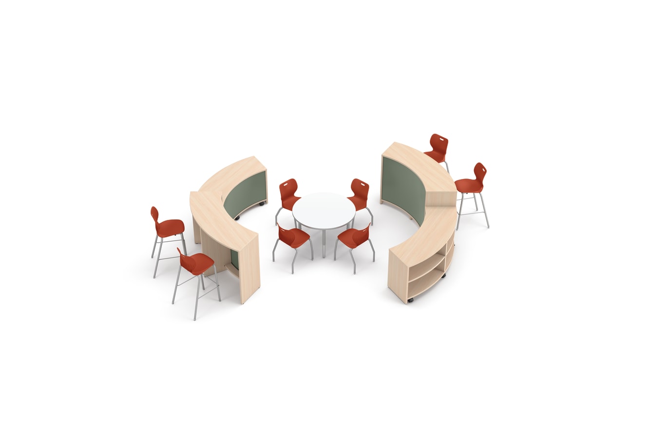 Storyline Curved Bookcases and Bistro Tables with SmartLink Seating
