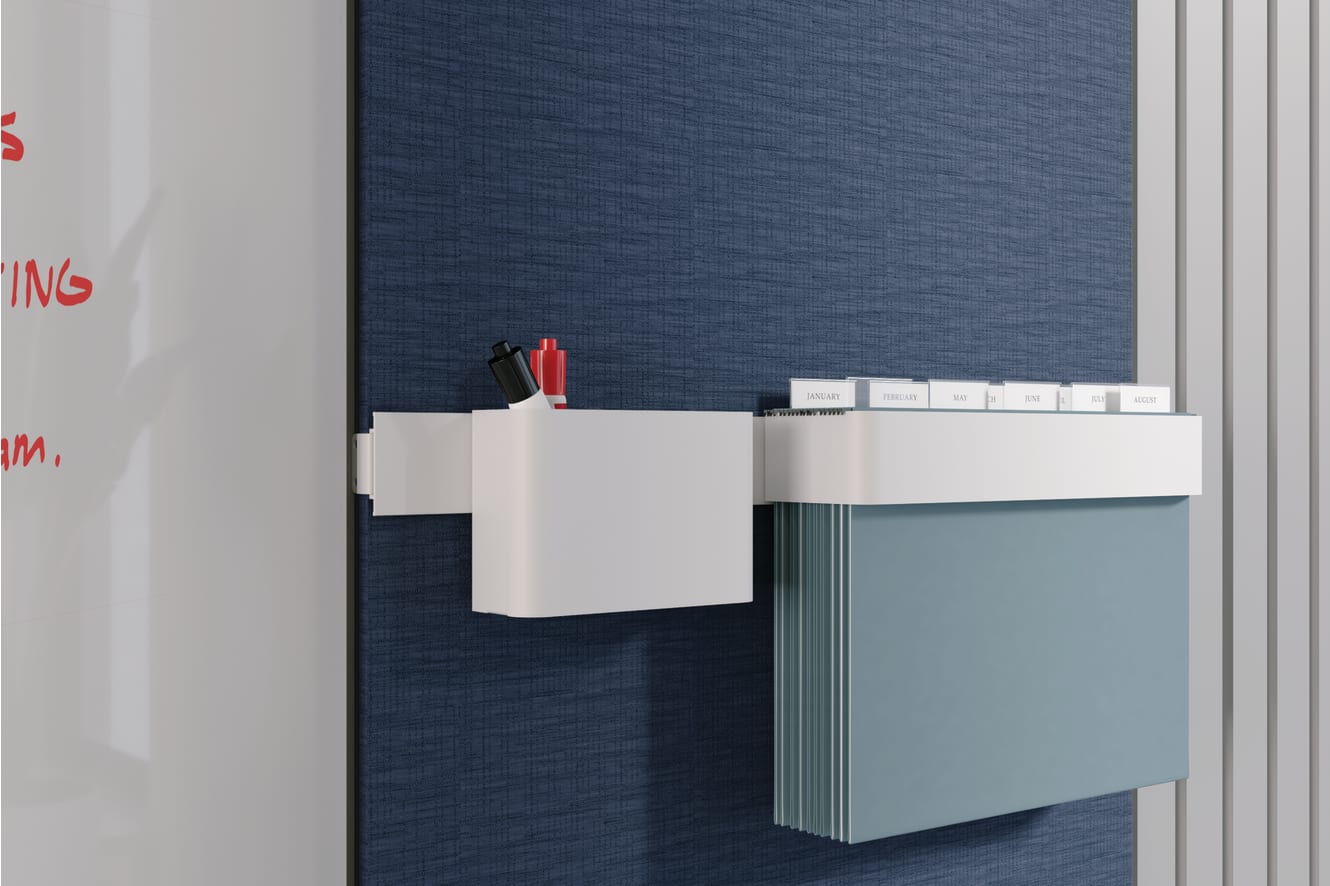 Workwall bin and file folder hanging on a tool rail.