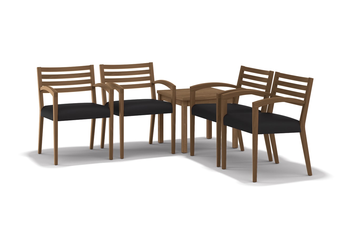 The image depicts a set of wooden dining chairs with black cushioned seats, arranged in a group on a plain background.