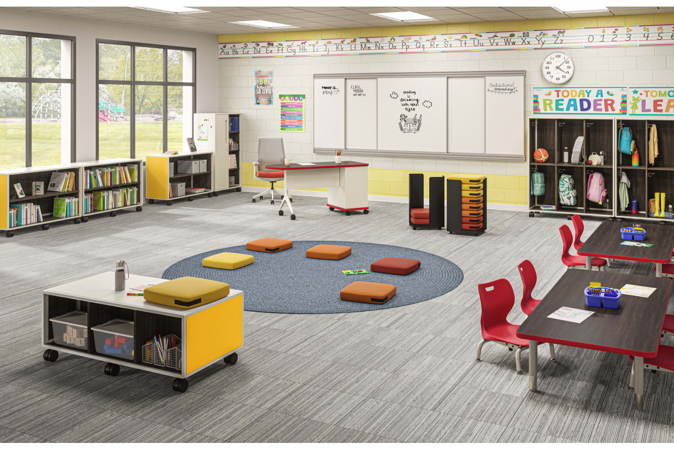 Bright elementary classroom with group seating, reading area, motivational displays, and organized storage.