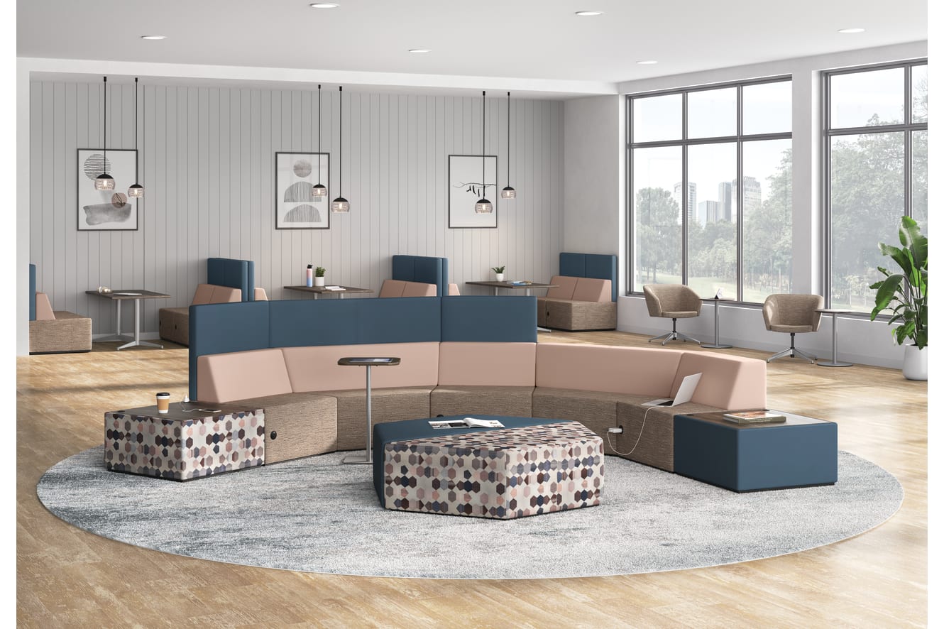 Tangram seating with Flock seating and Birk, Flock, and Preside tables.