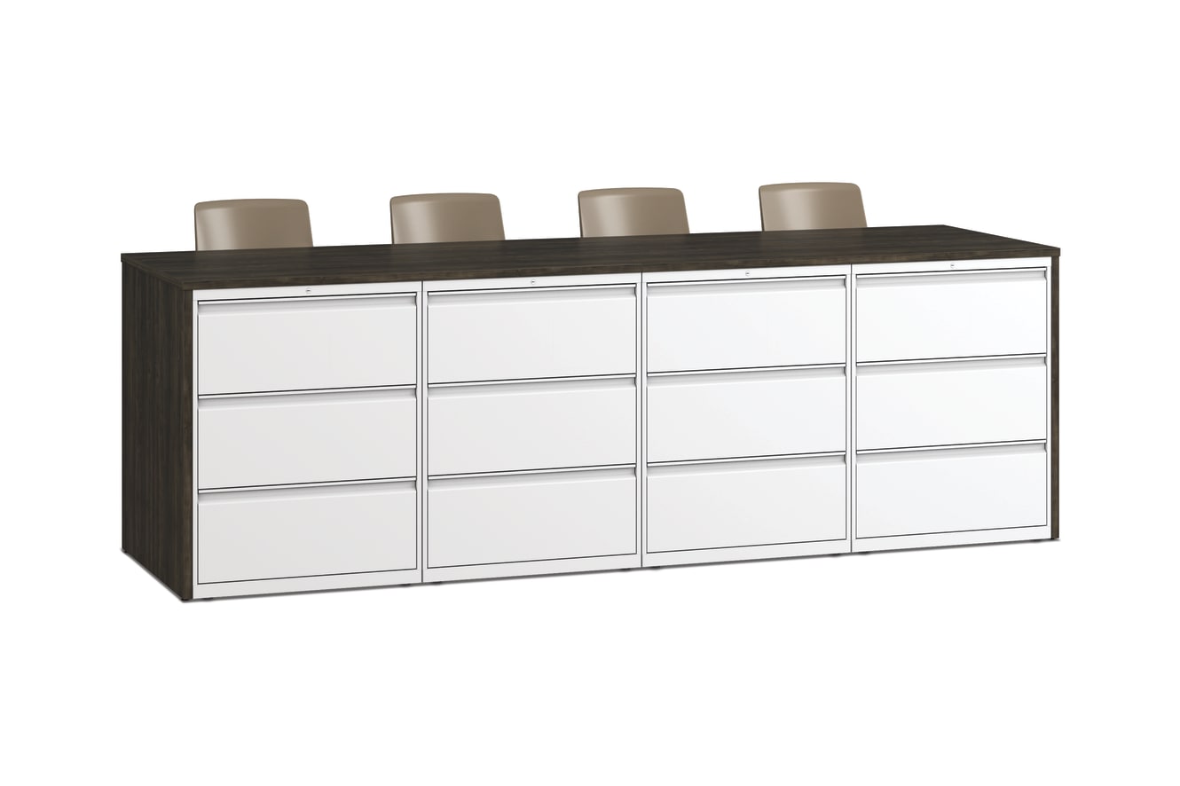 Motivate Stools with Storage Islands and Flagship Modular Storage