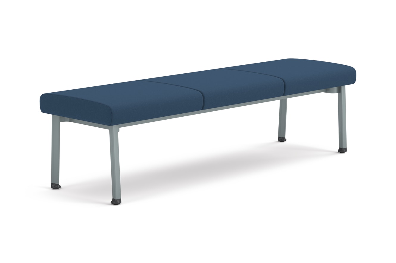 Modern Three-seat bench with blue upholstered cushions and metal legs, designed for waiting areas or collaborative spaces