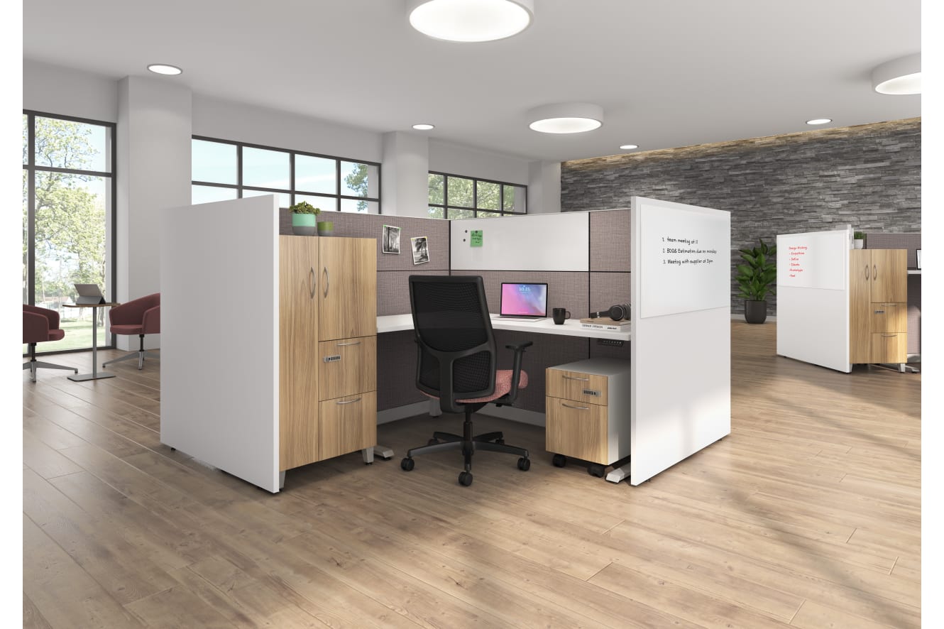 Abound workstation with Gallery Panels, and Contain storage with digital locks.