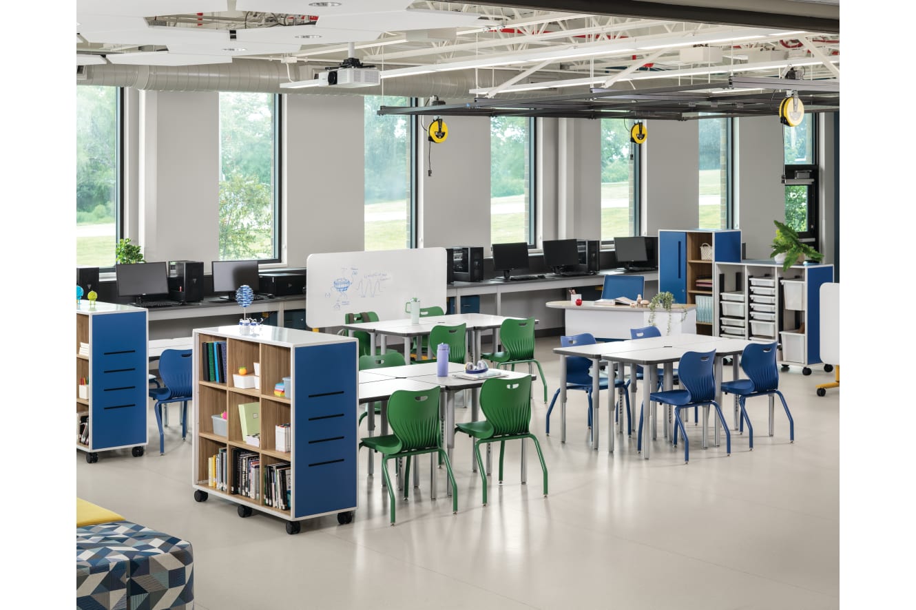 Makerspace classroom with blue and green Smartlink chairs and blue Class-ifi storage solutions.