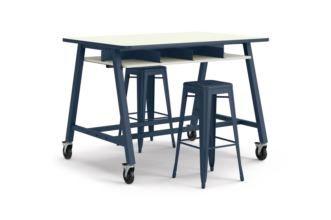 A Build Makerspace table in blue paint and light yellow laminate.