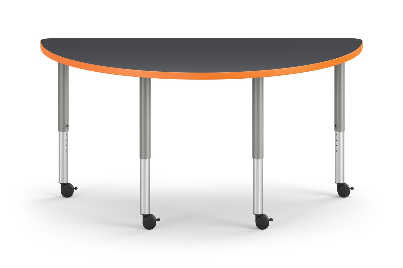 Front View of Charcoal Half Round Build Table with Orange Edge Band 