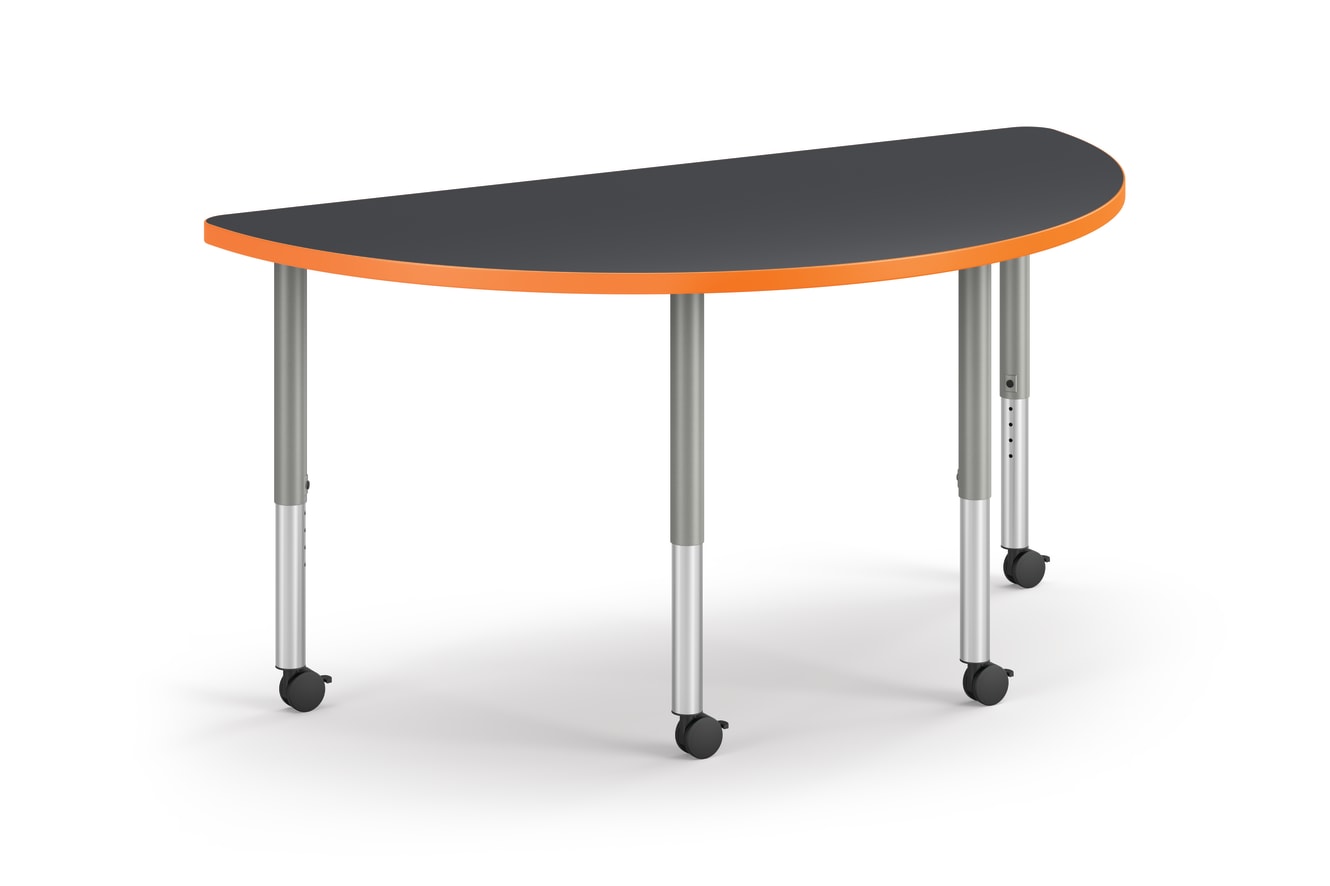 Right 3/4 View of Charcoal Half Round Build Table with Orange Edge Band