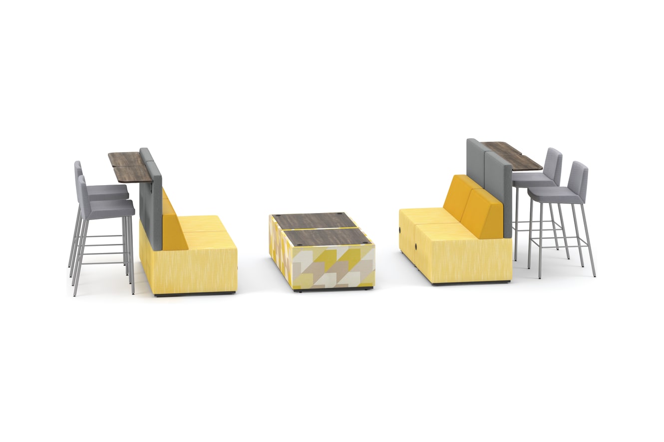 Tangram Bistro Back booth vignette with Tangram Square In-Line Tables and Flock Stools.