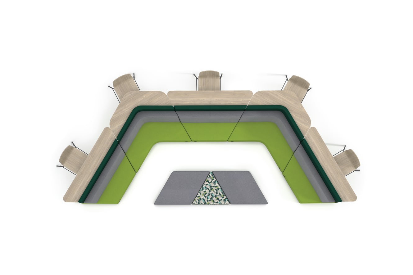 Tangram Bistro Back "campfire" vignette with Tangram Diamond Ottomans and Flock Stools.