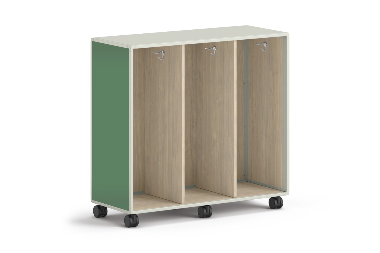 Wide mobile storage unit with three open compartments and green side panels.