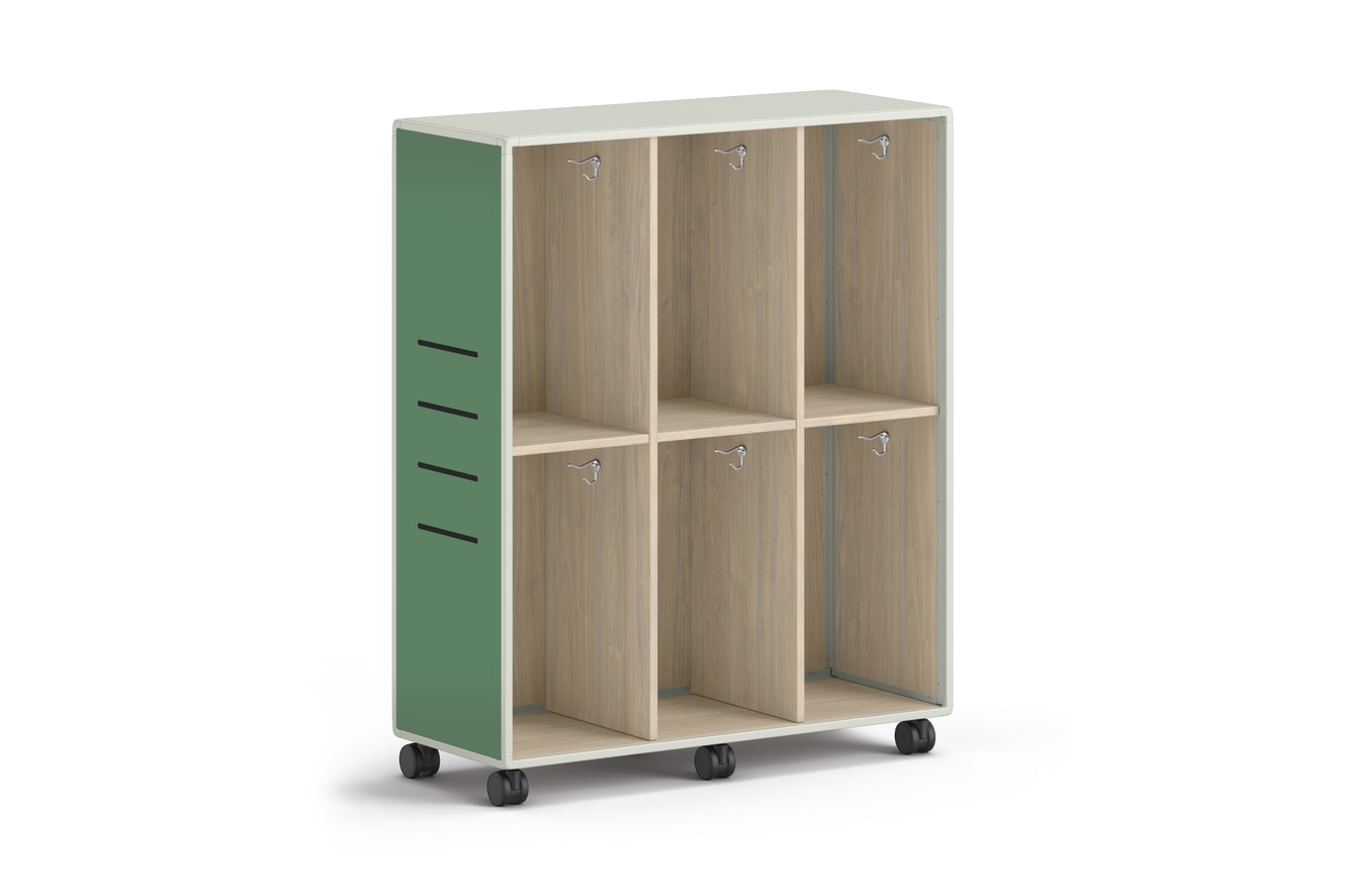 Tall mobile storage unit with six open compartments and green side panels.