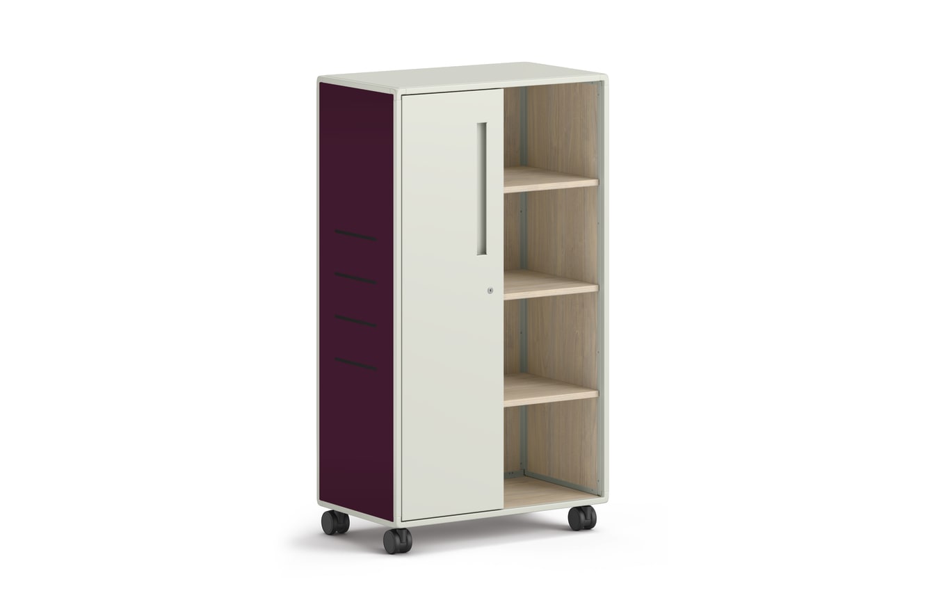 Tall mobile storage unit with open shelves and single door in white and plum finish.
