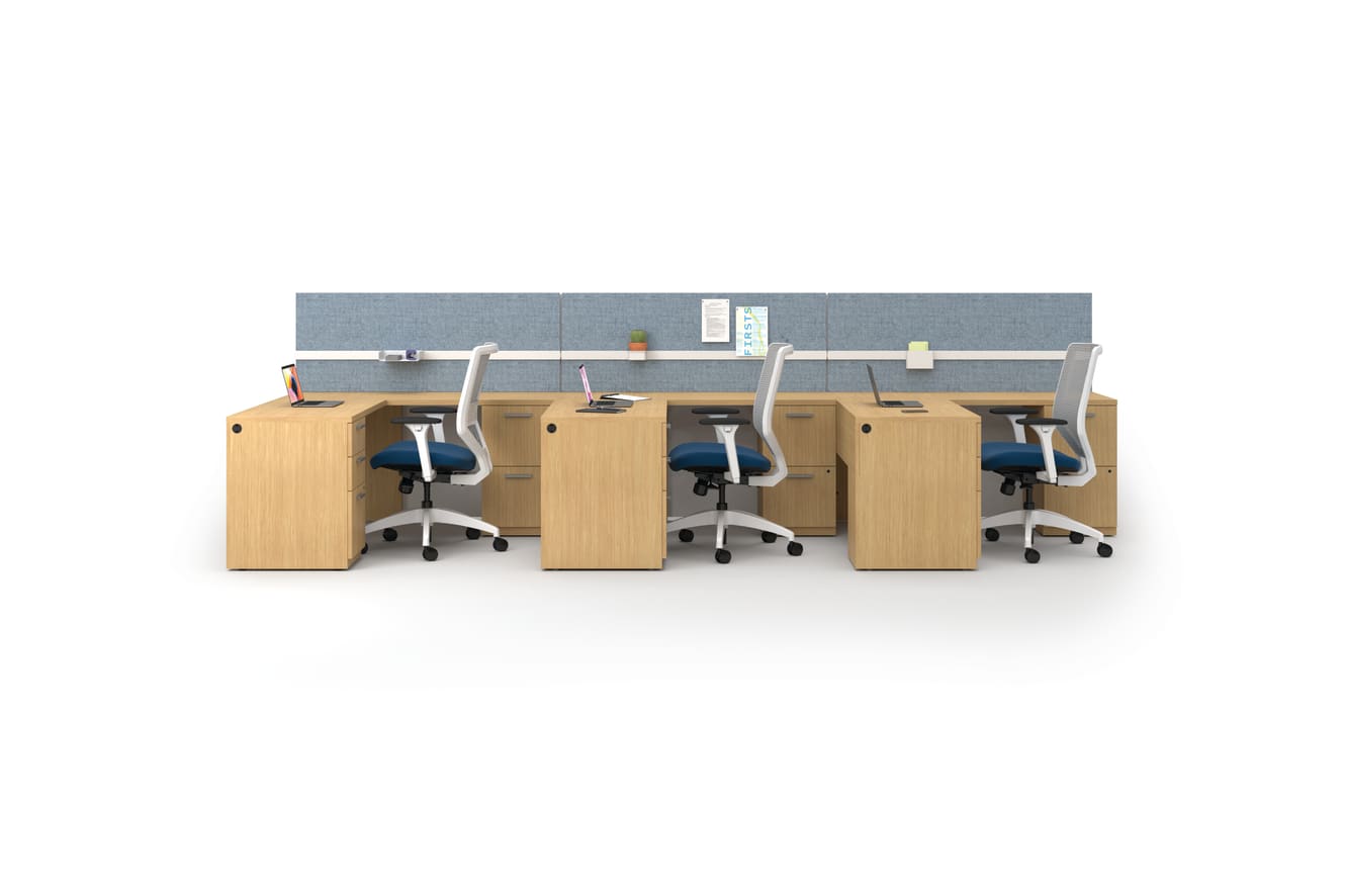 Concinnity teaming stations with Workwall tiles and Solve seating