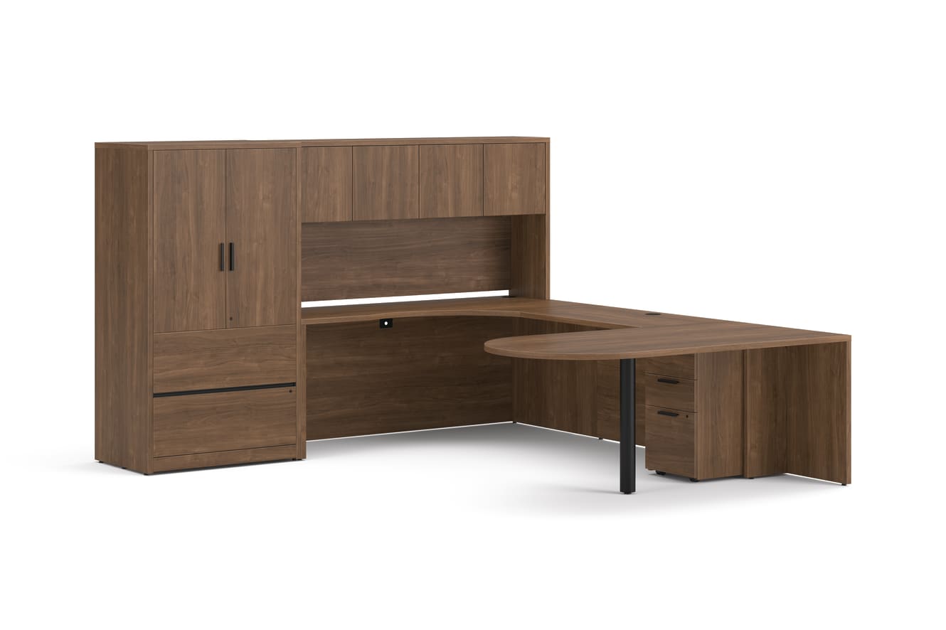10500 Series Peninsula U Desk in  Pinnacle Laminate with Black Post Leg.