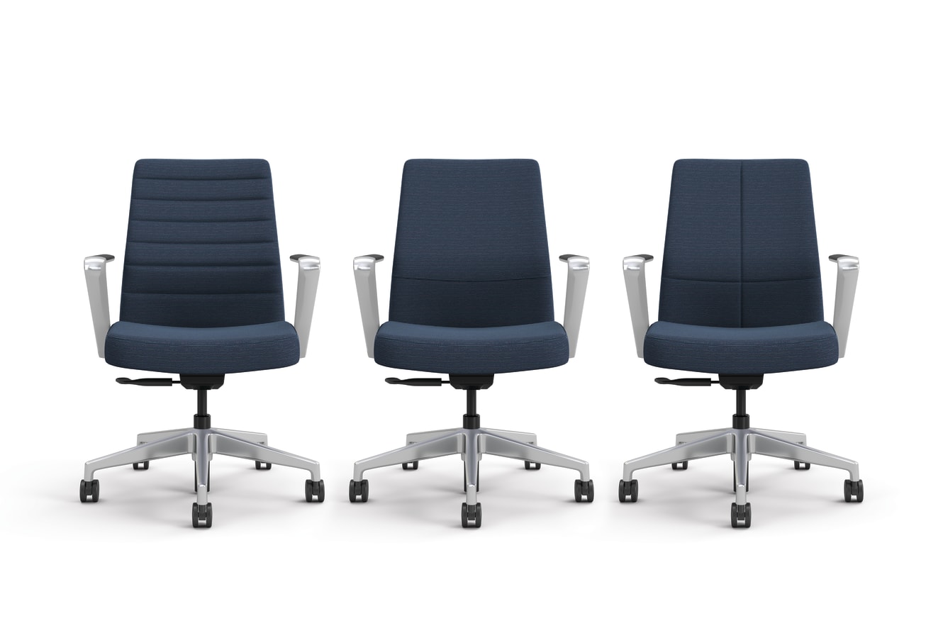 Three Cofi managerial chairs showing the channel, quilted, and solid stitch back