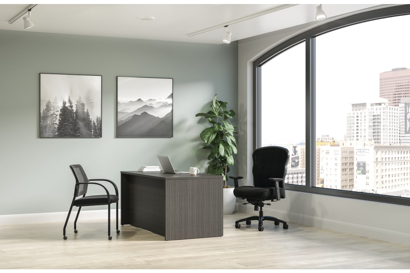 Mod desk in Sterling Ash with Wave big & tall chair and Ignition seating