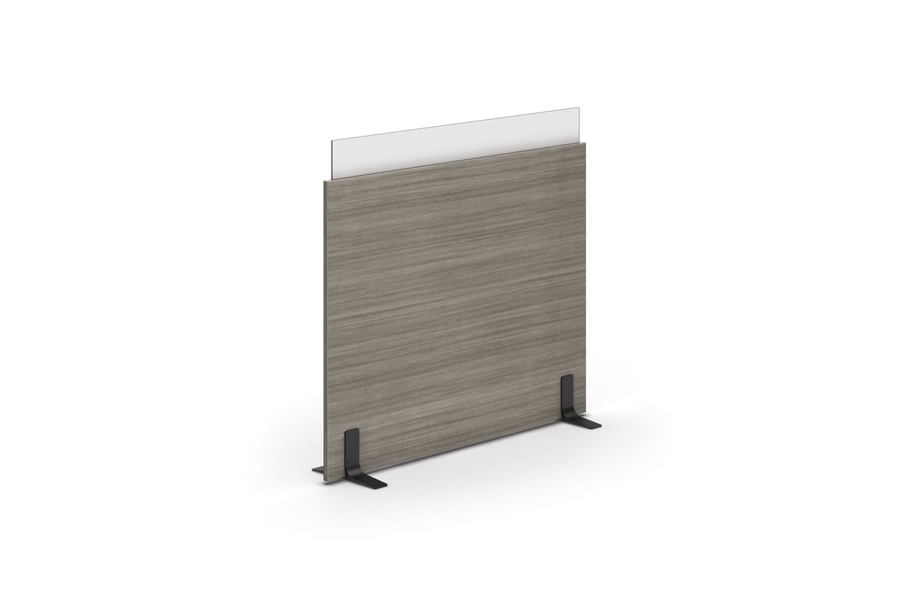 Freestanding Accelerate gallery panel in gray Portico Teak laminate
