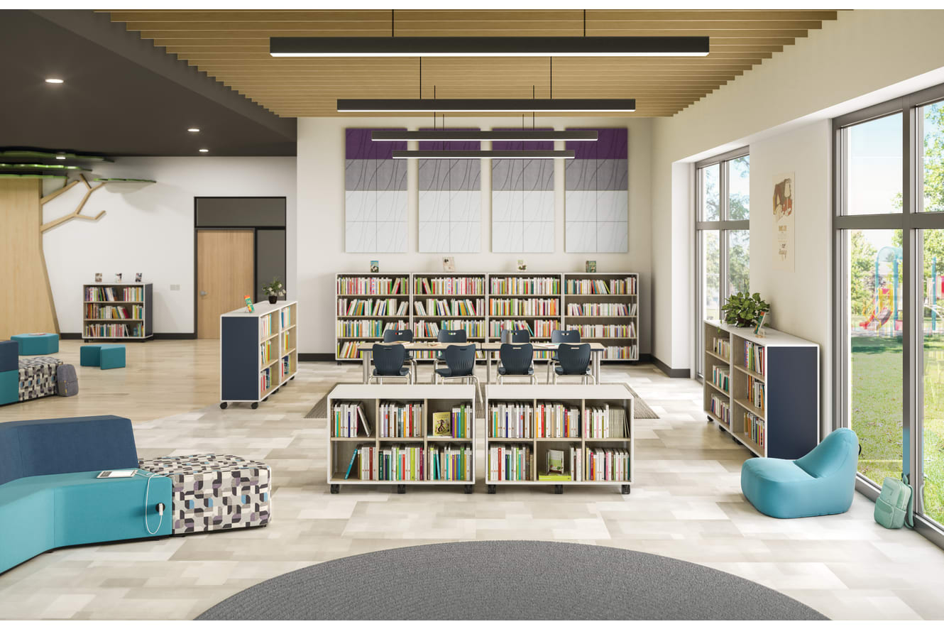 Class-ifi Storage with Confetti Floor Lounge and Tangram Seating.
