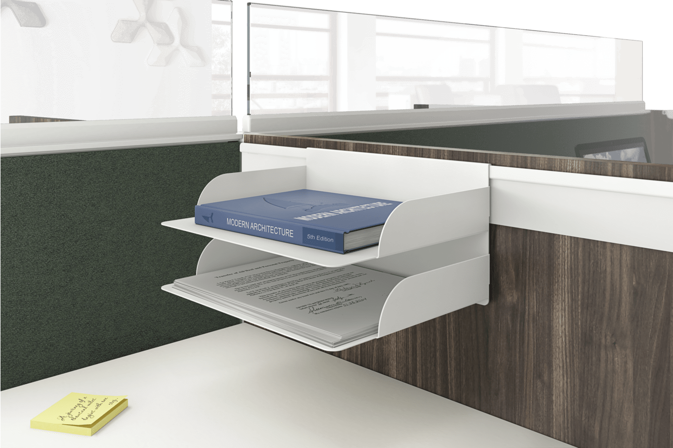 Gallery panel double paper tray hanging on an accessory rail.