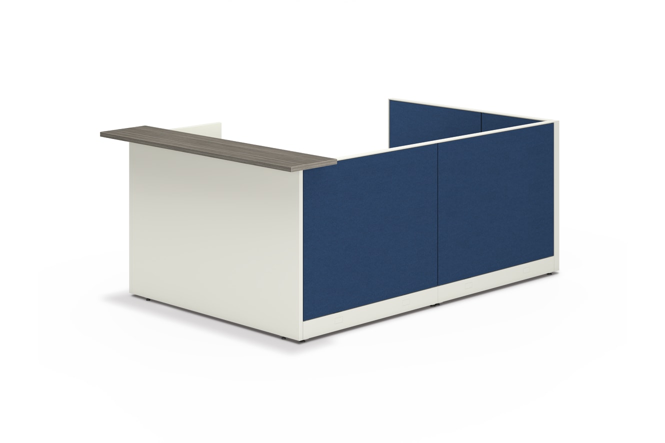 Accelerate reception station with gallery panel walkup counter and blue fabric panels
