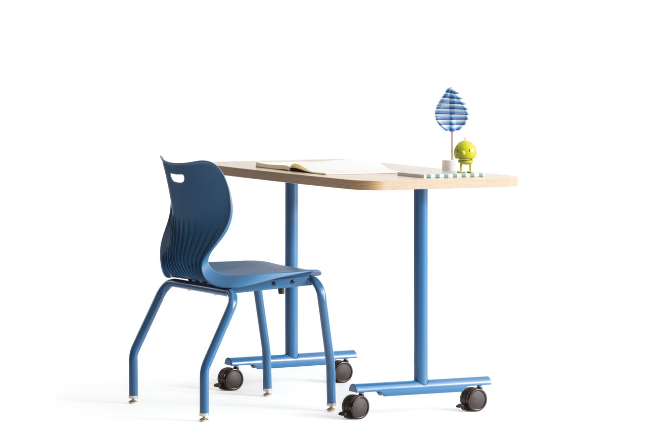 Blue monotone Smartlink chair at a Field Trip table with matching blue legs.