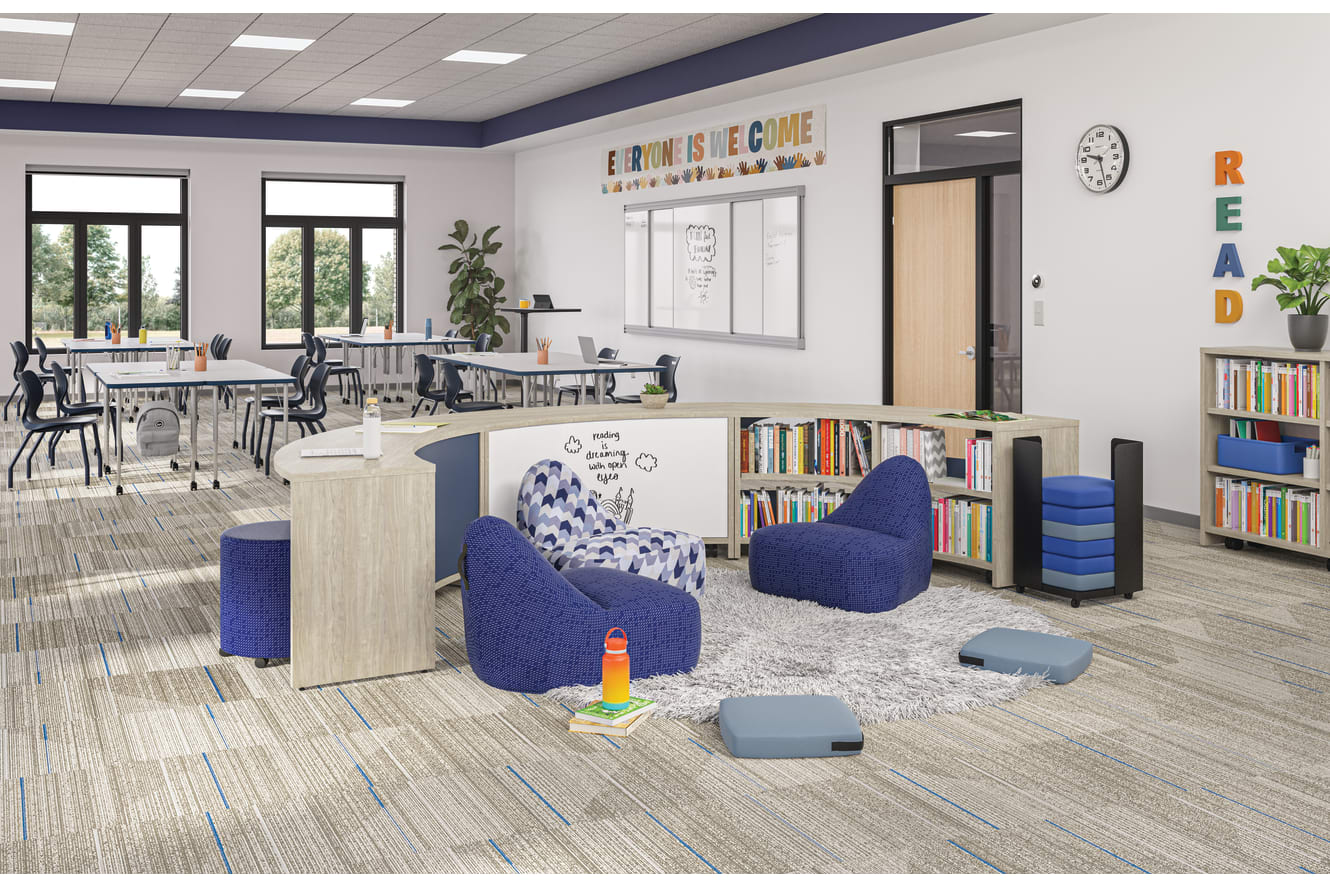 Classroom with Storyline nook featuring Confetti lounge chairs and floor cushions.
