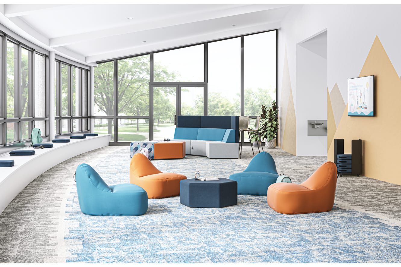 Confetti Floor Lounge and Floor Cushions with Confetti Storage Cart, Ruck Chairs, and Tangram Poufs and Bistro-backs.