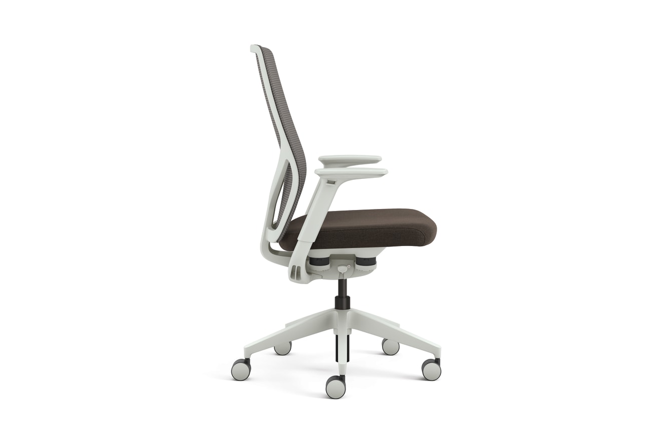 Right side view of HON Flexion chair with Brown seat fabric and Salt frame.