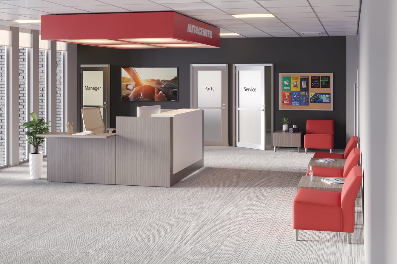 10500 Reception Station with Flock Chairs and Tables.