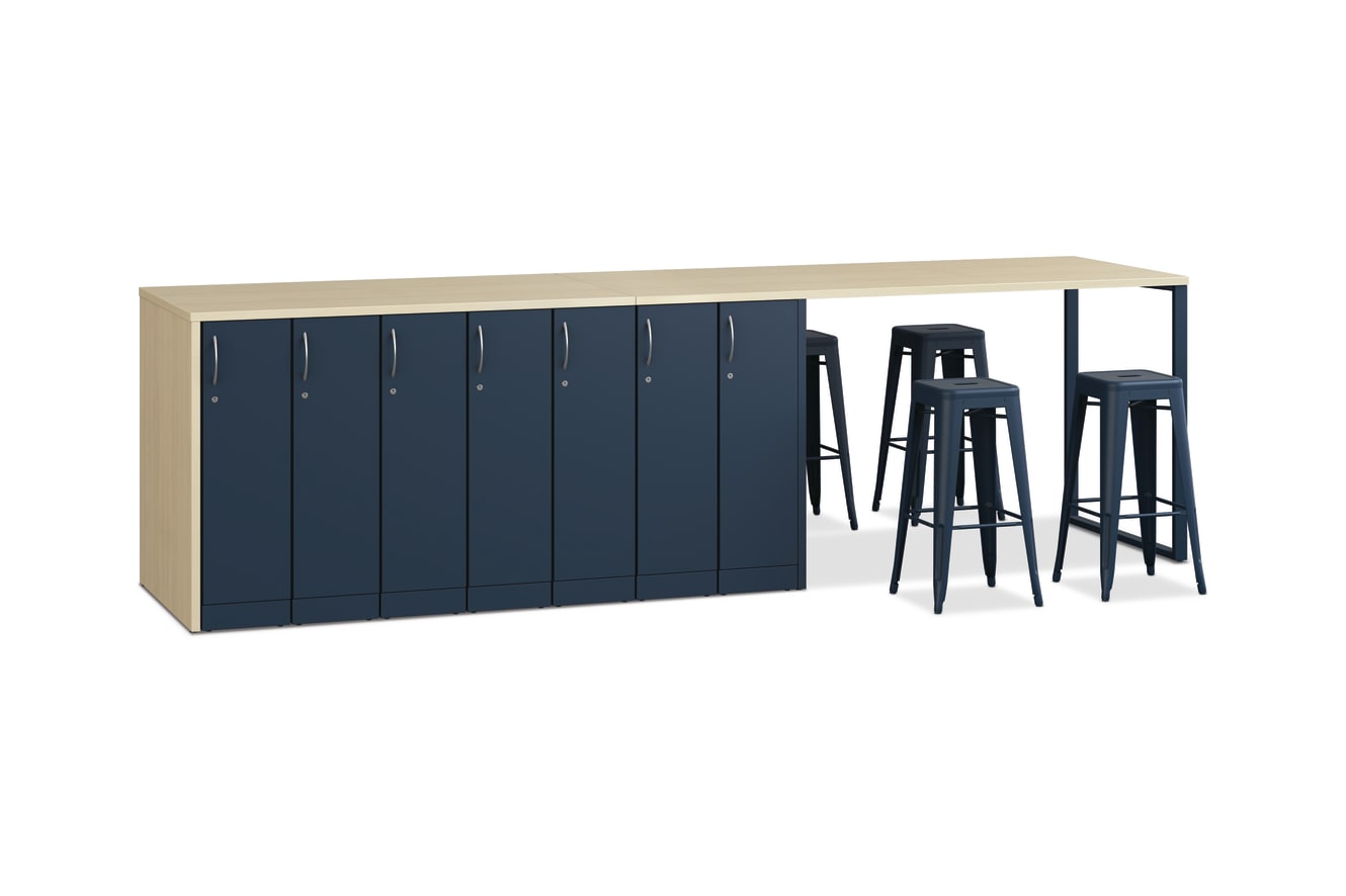 Contain Wardrobes with Build Makerspace stools and Storage Islands with O-leg