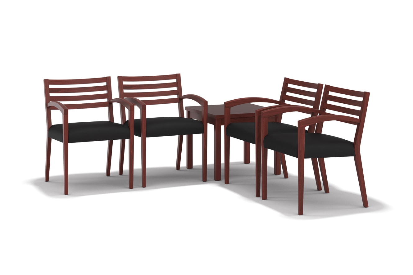 The image shows a set of six wooden chairs with a dark brown finish and black cushioned seats, arranged in a group against a plain white background.