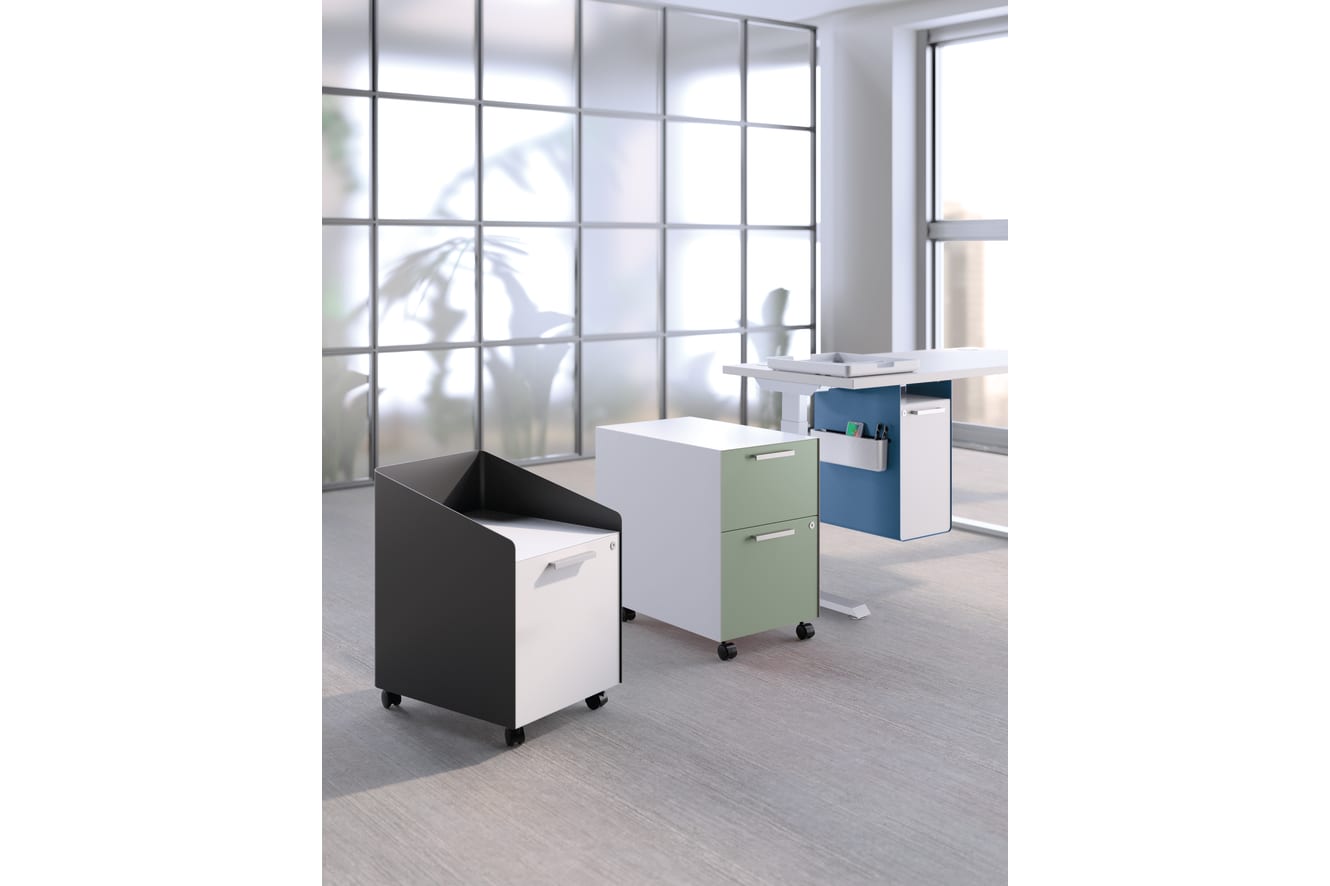 A modern, minimalist office space with sleek, modular furniture pieces in various colors and a large window providing ample natural light.