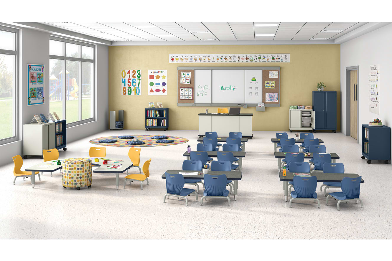 Classroom with SmartLink chairs, Build Tables and Confetti.