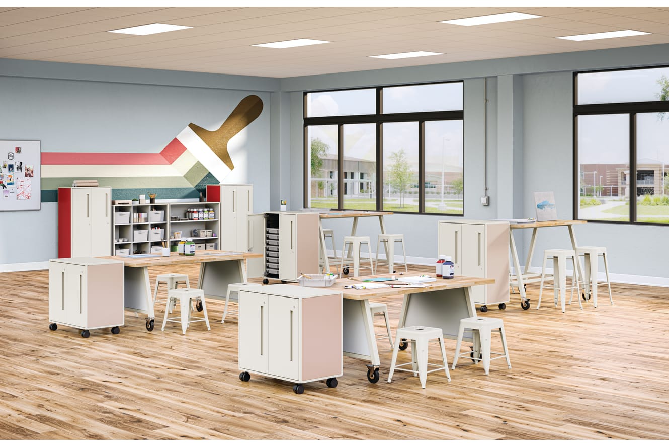 Class-ifi Storage with Build Makerspace Tables and Stools.