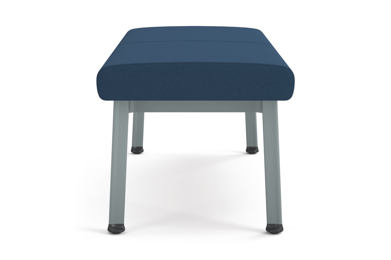Modern two-seat bench with blue upholstered cushions and metal legs, designed for waiting areas or collaborative spaces