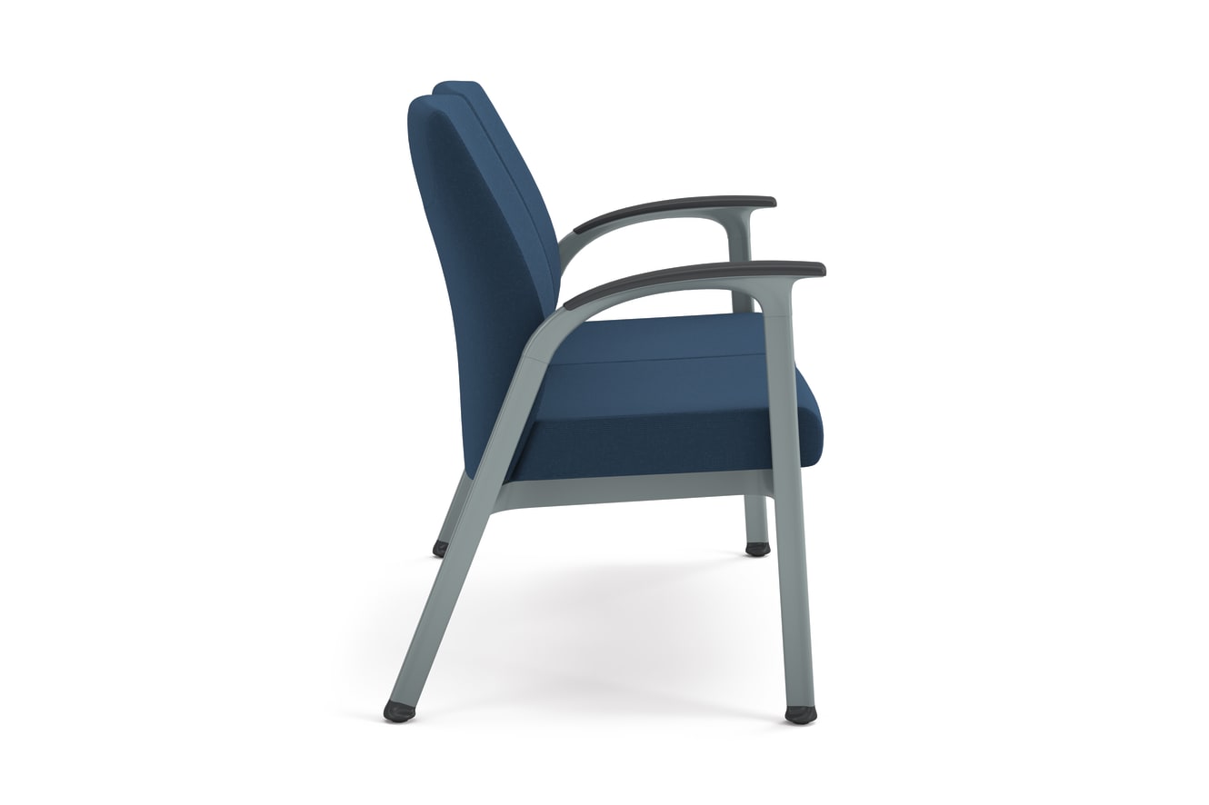 Two-seat guest chair with blue textured cushions, metal frame, and integrated armrests, designed for modern office or waiting areas.