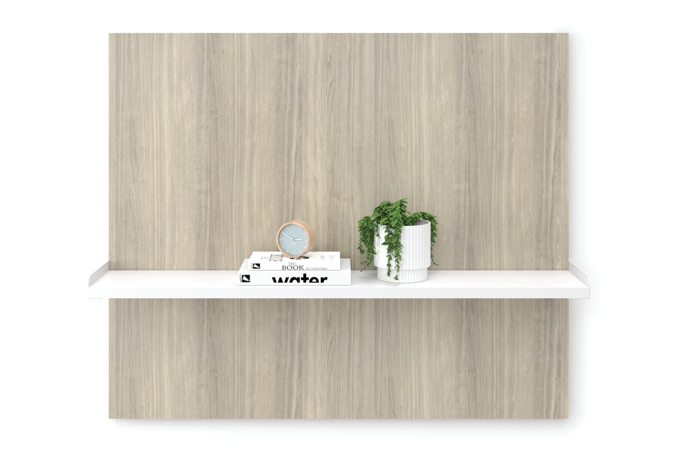 Workwall laminate tile with floating shelf attached.