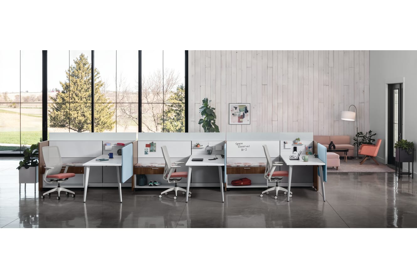 Flexion Seating with Abound Workstations, Contain Mobile Credenzas, Sculpt planters, West Hill and Mav Collaborative Seating
