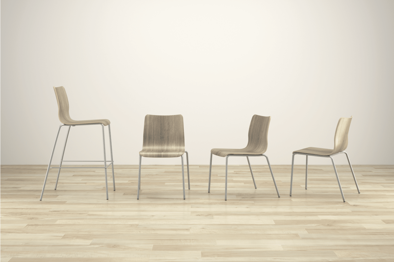 Four modern, minimalist chairs of various shapes and sizes are arranged on a wooden floor against a plain white background.