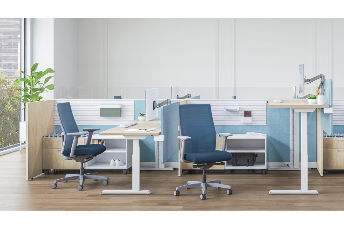 Abound cubicles with gallery panels and Contain credenzas.