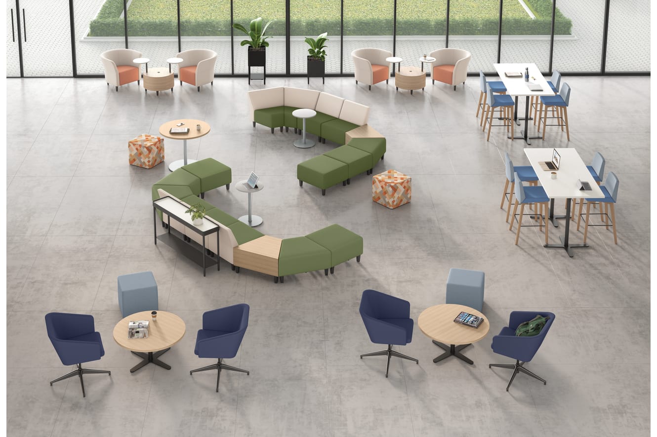 Bird's eye view of Flock seating and tables with sculpt planters in an open space.