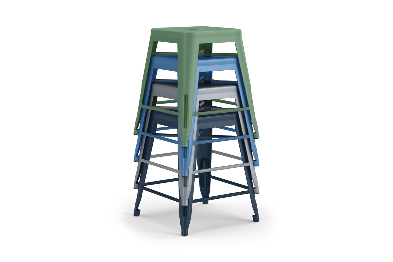 Stack of Fern, Baltic, Cove, and Regatta Build Seated Height Makerspace Stools