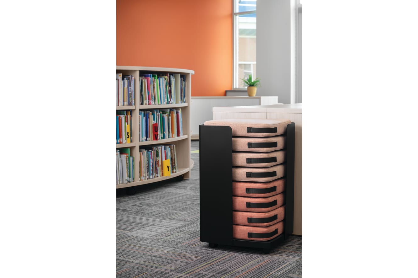 Storyline Bookcases with Confetti Floor Cushions.